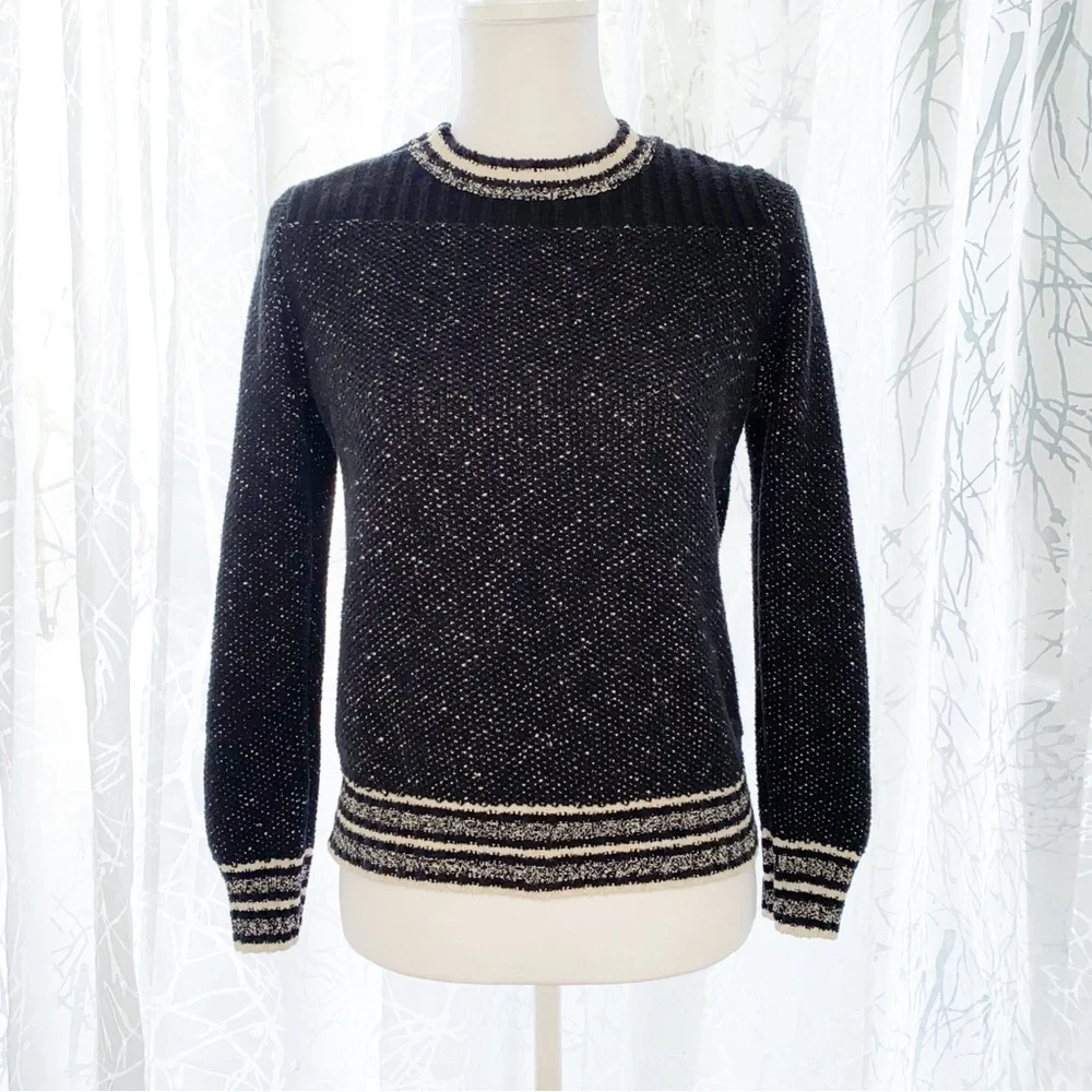 MAJE FIERE black knit white stripe trim crewneck zipper shoulder detail sweater - Picture 1 of 12